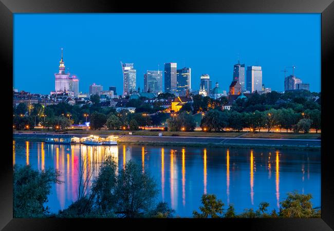 Warsaw Skyline Evening River View In Poland Framed Print by Artur Bogacki