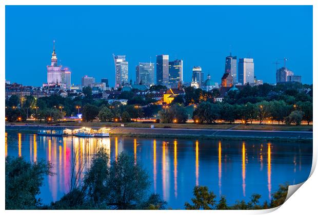 Warsaw Skyline Evening River View In Poland Print by Artur Bogacki