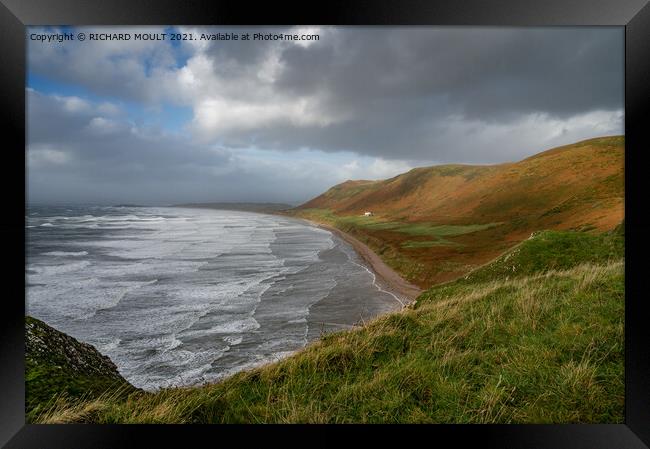 Stormy Rhossili Beach on Gower Framed Print by RICHARD MOULT
