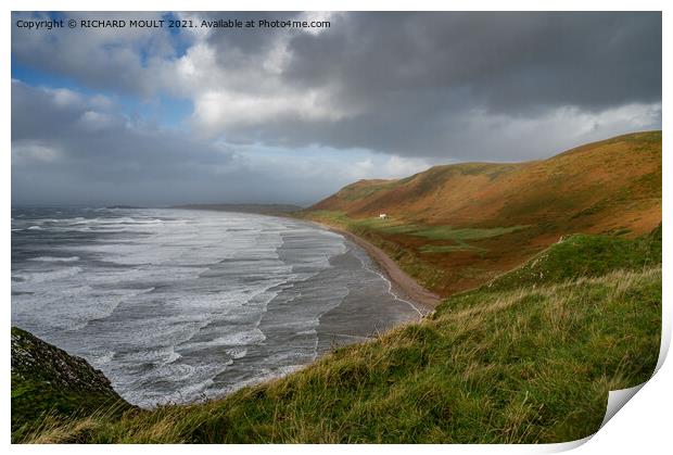 Stormy Rhossili Beach on Gower Print by RICHARD MOULT