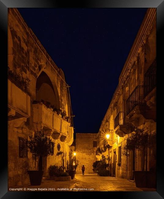 Narrow Street by Night under the stars, Gozo, Malt Framed Print by Maggie Bajada
