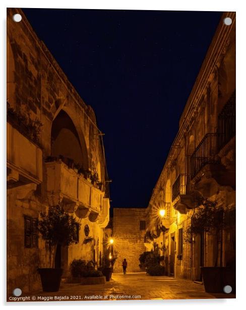 Narrow Street by Night under the stars, Gozo, Malt Acrylic by Maggie Bajada