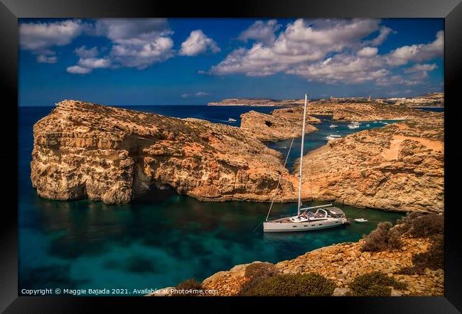 Crystal Blue Coastline with boats of the Maltese I Framed Print by Maggie Bajada
