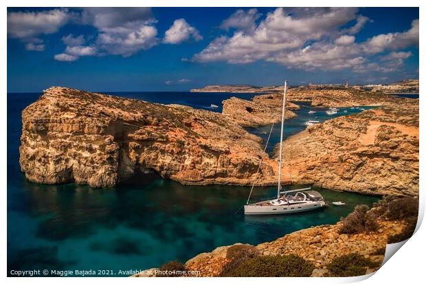Crystal Blue Coastline with boats of the Maltese I Print by Maggie Bajada