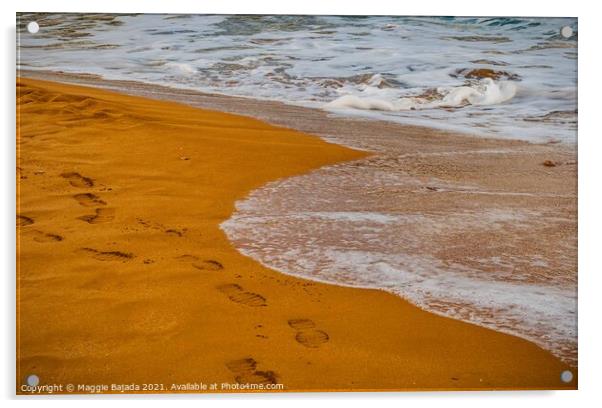 Sea and Red Sand with footsteps Acrylic by Maggie Bajada