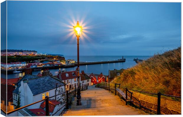 Blue hour at Whitby Harbour  Canvas Print by Michael Brookes