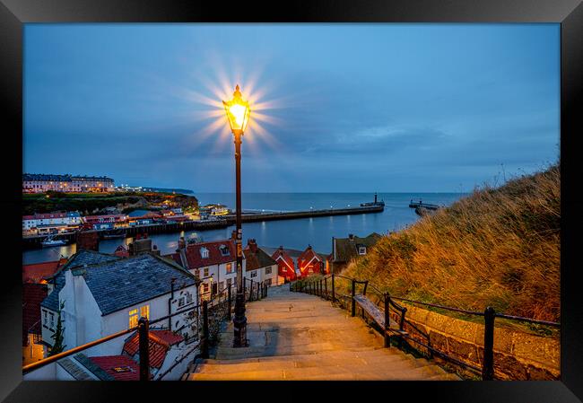 Blue hour at Whitby Harbour  Framed Print by Michael Brookes