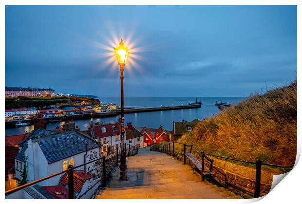 Blue hour at Whitby Harbour  Print by Michael Brookes