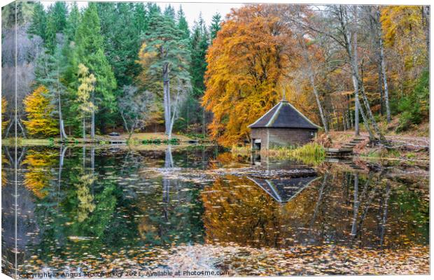 Loch Dunmore boathouse, autumn colours Canvas Print by Angus McComiskey