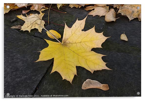 Leaves on sidewalk Acrylic by Marinela Feier