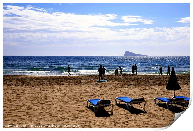 Beach silhouette, Benidorm, Spain. Print by john hill