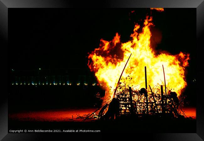 Bonfire on Weymouth beach Framed Print by Ann Biddlecombe