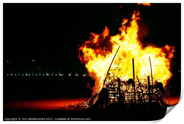 Bonfire on Weymouth beach Print by Ann Biddlecombe