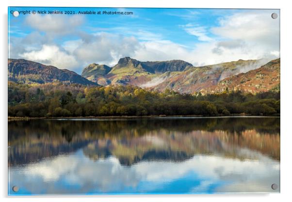 Langdale Pikes reflected in Elterwater Lake  Acrylic by Nick Jenkins