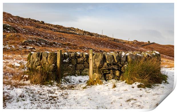 An old snow covered scottish drystone dyke sheep fold in winter, Scotland Print by SnapT Photography