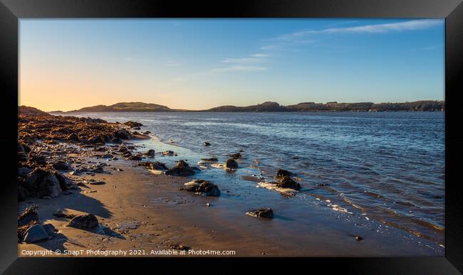 Sunset over a Scottish coastline in winter at a sandy beach at Kirkcudbright Bay Framed Print by SnapT Photography