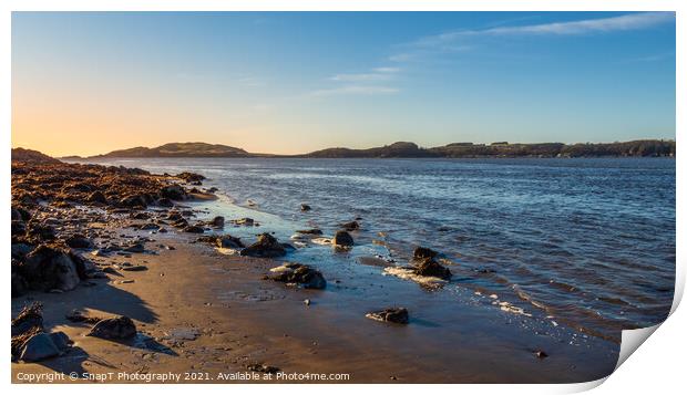 Sunset over a Scottish coastline in winter at a sandy beach at Kirkcudbright Bay Print by SnapT Photography