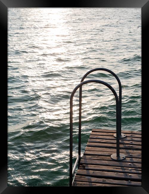 Swimming Ladder on a Jetty on Lake Garda Framed Print by Dietmar Rauscher