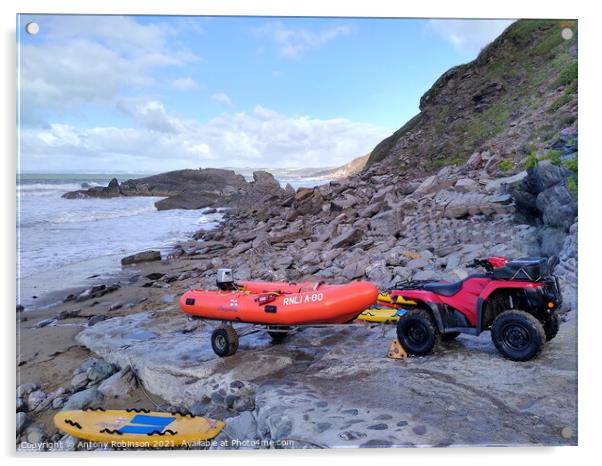 Heroic RNLI Lifesavers Rescue in Whitsand Bay Acrylic by Antony Robinson