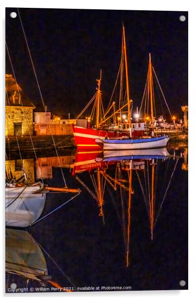 Night Sailboats Waterfront Reflection Inner Harbor Honfluer Fran Acrylic by William Perry