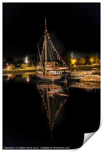 Night Sailboats Waterfront Reflection Inner Harbor Honfluer Fran Print by William Perry