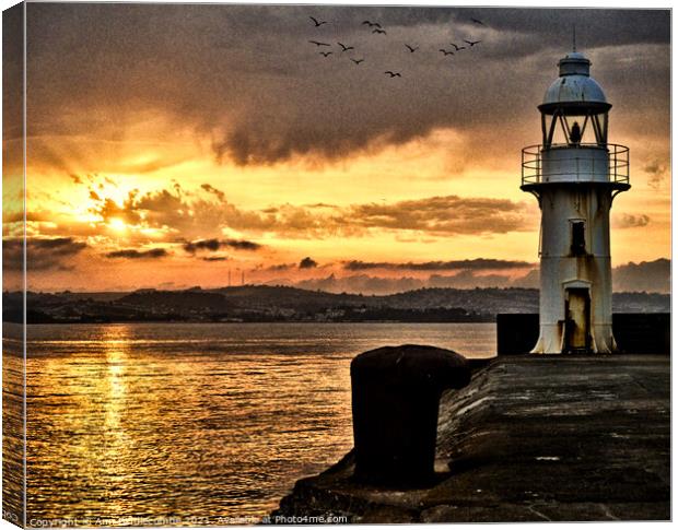 Dramatic sunset over Brixham Lighthouse Canvas Print by Ann Biddlecombe