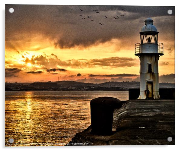 Dramatic sunset over Brixham Lighthouse Acrylic by Ann Biddlecombe