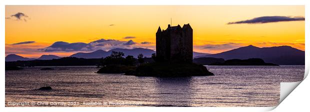 Sunset at Castle Stalker in the Scottish Highlands, UK Print by Chris Dorney