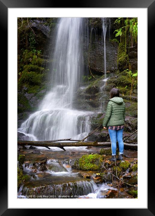 Woman traveler on a waterfall in Gondramaz, Portugal Framed Mounted Print by Luis Pina
