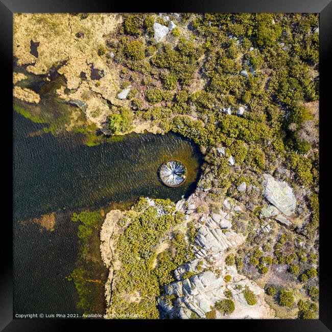 Drone aerial top view of landscape in Covao dos Conchos in Serra da Estrela, Portugal Framed Print by Luis Pina
