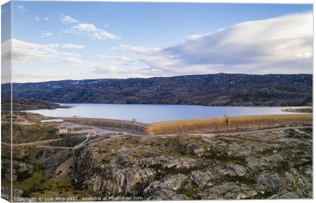 Landscape aerial drone view of Lagoa comprida lake and Marques da Silva dam in Serra da Estrela, Portugal at sunset Canvas Print by Luis Pina