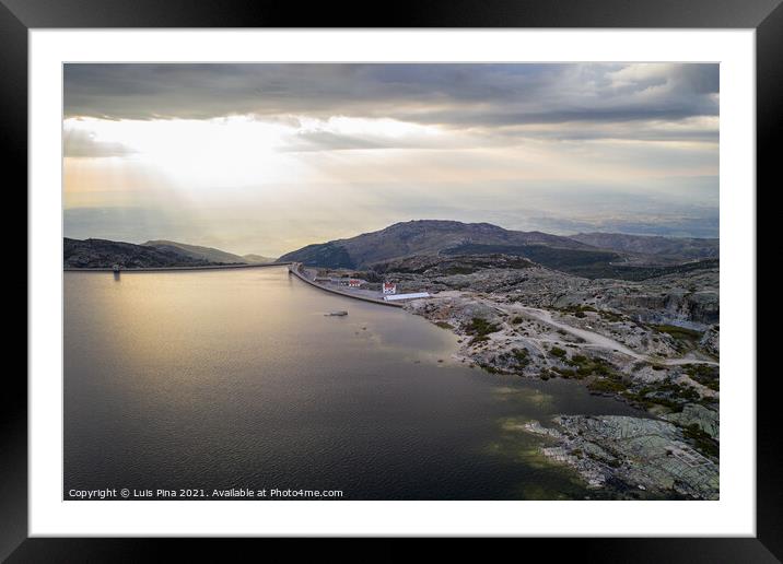 Landscape aerial drone view of Lagoa comprida lake and Marques da Silva dam in Serra da Estrela, Portugal at sunset Framed Mounted Print by Luis Pina