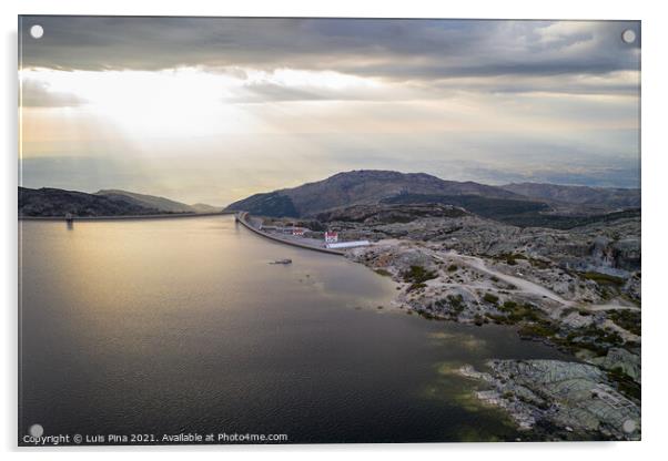 Landscape aerial drone view of Lagoa comprida lake and Marques da Silva dam in Serra da Estrela, Portugal at sunset Acrylic by Luis Pina