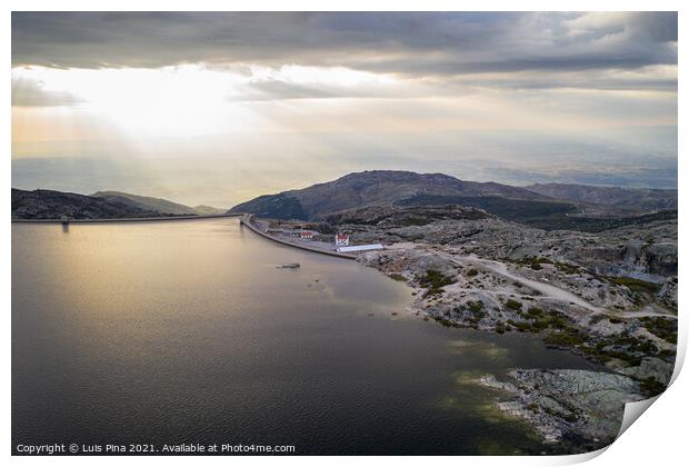 Landscape aerial drone view of Lagoa comprida lake and Marques da Silva dam in Serra da Estrela, Portugal at sunset Print by Luis Pina