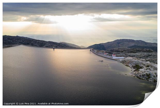 Landscape aerial drone view of Lagoa comprida lake and Marques da Silva dam in Serra da Estrela, Portugal at sunset Print by Luis Pina