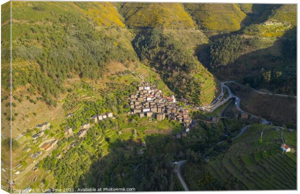 Piodao aerial drone view of schist shale village in Serra da Estrela, Portugal Canvas Print by Luis Pina