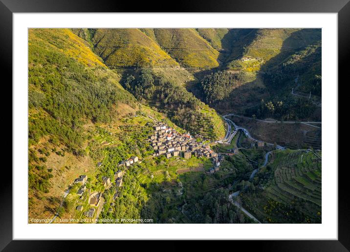 Piodao aerial drone view of schist shale village in Serra da Estrela, Portugal Framed Mounted Print by Luis Pina