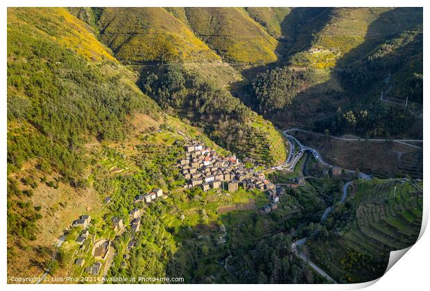 Piodao aerial drone view of schist shale village in Serra da Estrela, Portugal Print by Luis Pina