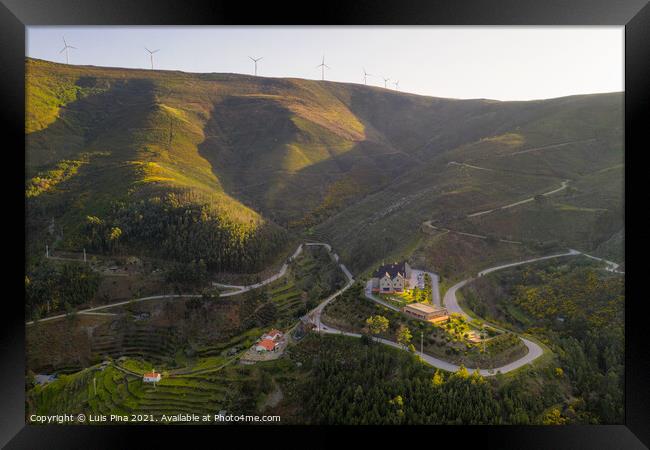 Piodao landscape beautiful house aerial drone view of schist shale village in Serra da Estrela, Portugal Framed Print by Luis Pina