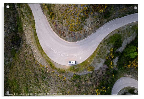 Beautiful drone aerial top view of road with curves in mountain landscape with a van social distancing near Piodao, Serra da Estrela in Portugal Acrylic by Luis Pina