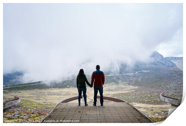 Couple holding hands on an abandoned cableway platform building social distancing beautiful landscape in Serra da Estrela, Portugal Print by Luis Pina