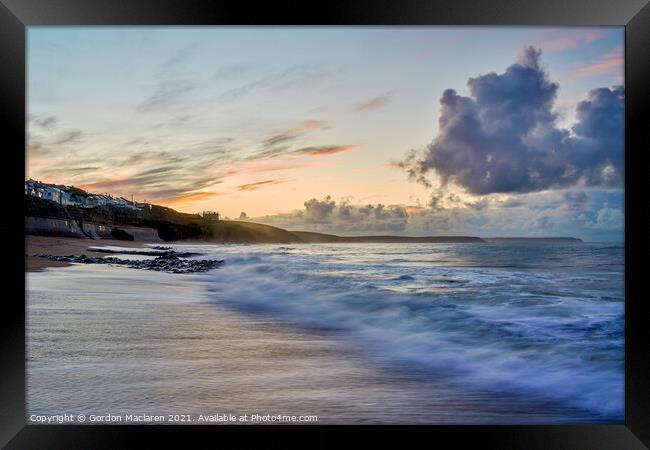 Waves on the beach at Sunrise, Porthleven Cornwall Framed Print by Gordon Maclaren