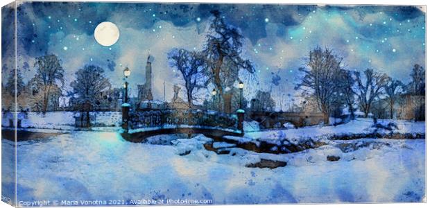 Painting of winter night in city park Canvas Print by Maria Vonotna