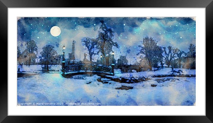 Painting of winter night in city park Framed Mounted Print by Maria Vonotna