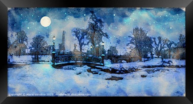 Painting of winter night in city park Framed Print by Maria Vonotna