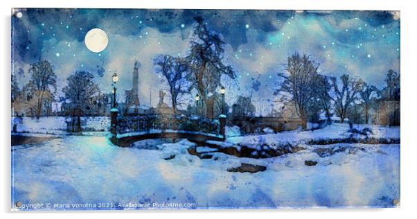 Painting of winter night in city park Acrylic by Maria Vonotna