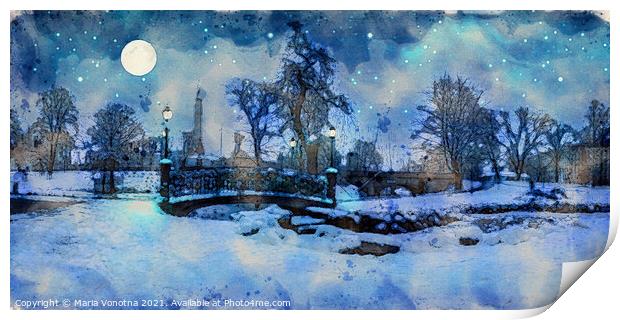 Painting of winter night in city park Print by Maria Vonotna