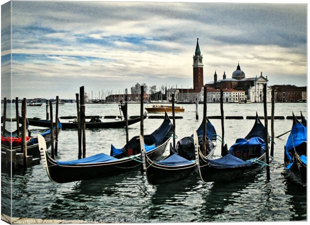 Gondolas tied up on the main lagoon Canvas Print by Ann Biddlecombe