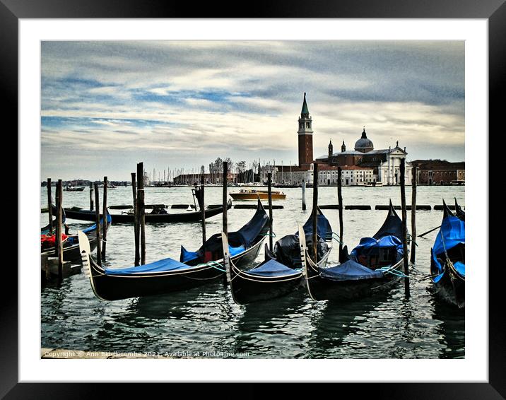 Gondolas tied up on the main lagoon Framed Mounted Print by Ann Biddlecombe