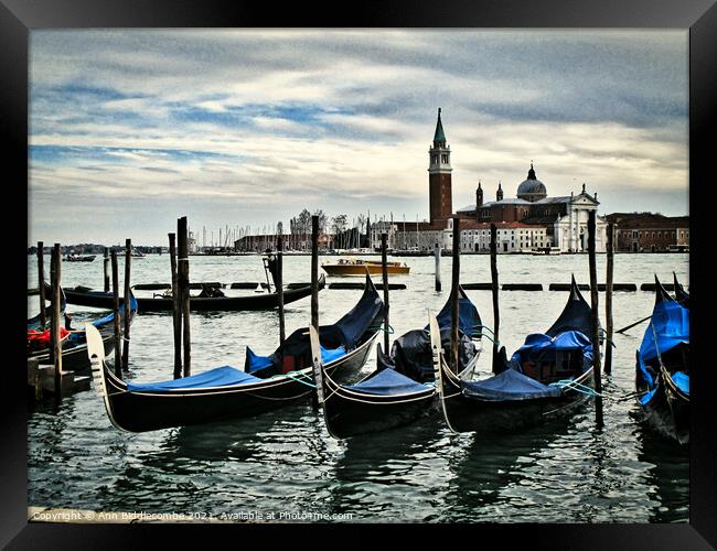 Gondolas tied up on the main lagoon Framed Print by Ann Biddlecombe
